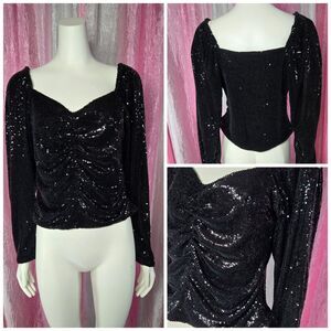 Express Black Sequin Rouched Stretch Evening Blouse Size Large